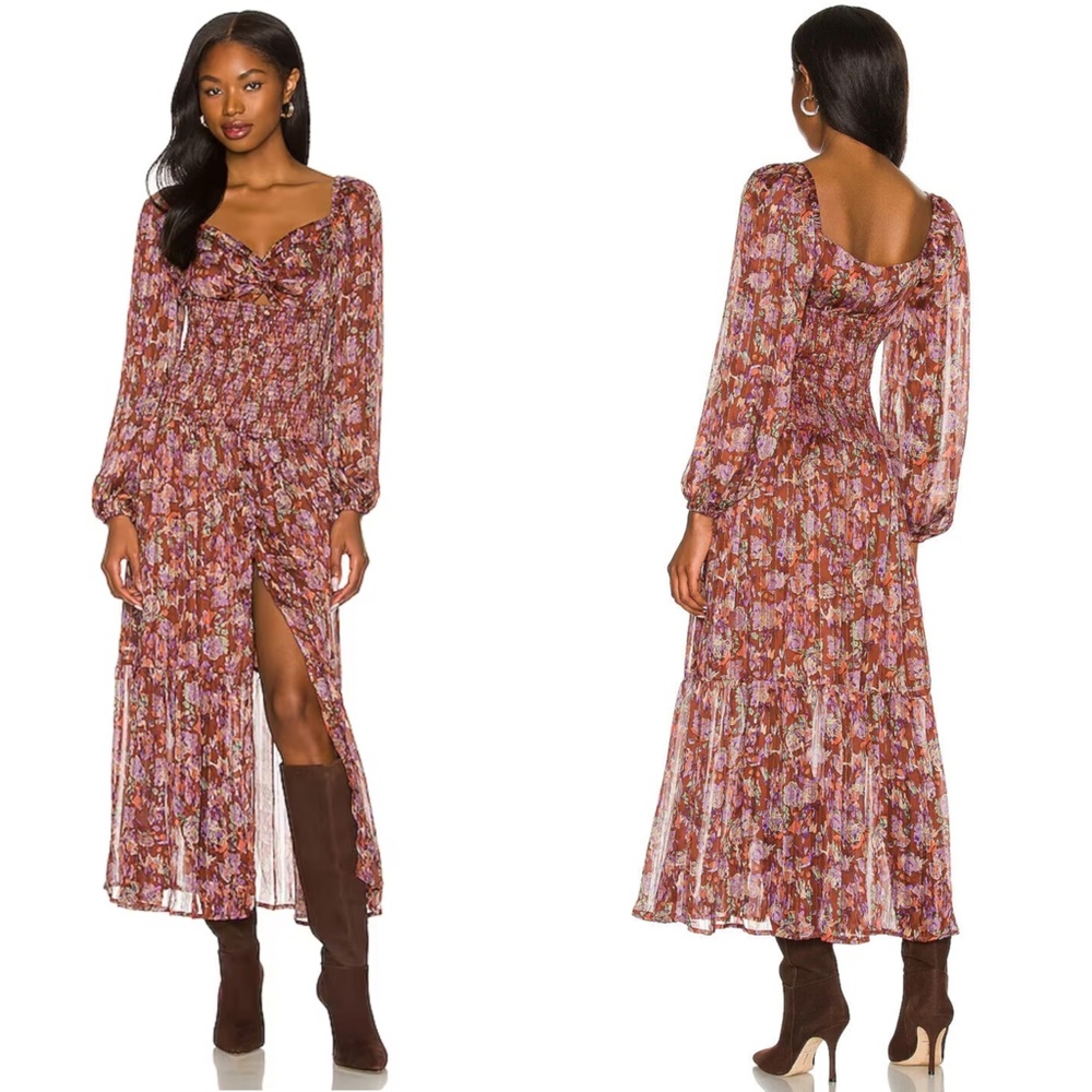 NEW ASTR The Label BROWN Arlette FLORAL Sweetheart SMOCKED WAIST Maxi DRESS M